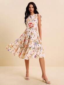 LOTSLUV Women's Spring/Summer Vacation Dress, Beige Floral Polka Dot All-Over Print, Round Neck Sleeveless Fitted Ruched Ruffle Hem Party Day Party Elegant - Multicolor - View 7