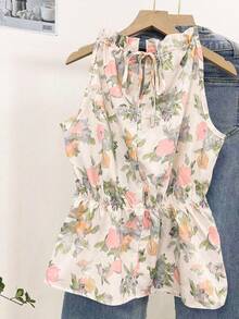 INAWLY Women's Allover Floral Print Sleeveless Peplum Hem Top - Pink - View 2