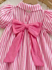 SHEIN LMoss Kids 女嬰編織條紋泡泡袖休閒領口襯衫洋裝 - 粉色 - 查看 7
