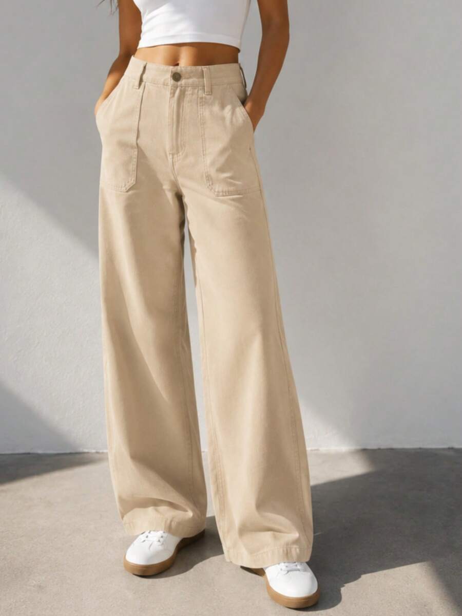 Pantalón gabardina wide leg bolsas parche - Beis - Ver 1