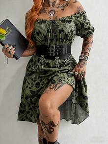 Whyspr Y2K Gothic Butterfly & Skull Print Plus Size Waist Cinched A-Line Ruffle Hem Short Sleeve Dress - Army Green - View 1