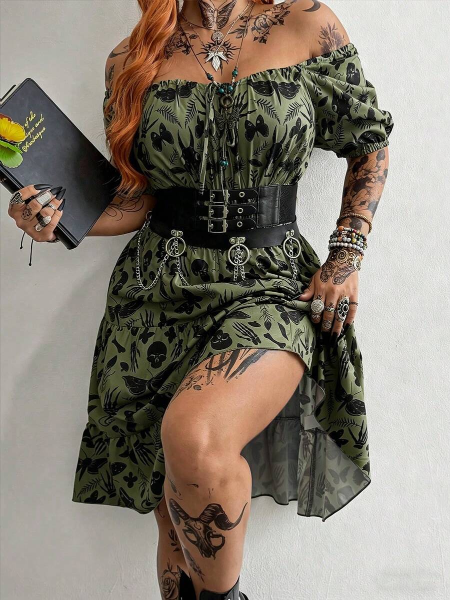 Whyspr Y2K Gothic Butterfly & Skull Print Plus Size Waist Cinched A-Line Ruffle Hem Short Sleeve Dress - Army Green - View 1