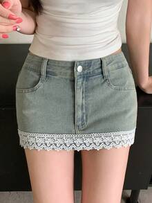 DAZY Chân váy ngắn denim phối ren và túi dành cho nữ - Rửa nhẹ - Xem 8