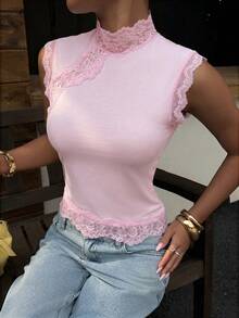 Muchica Camiseta ajustada de encaje con cuello alto en contraste, elegante para fiesta de té, color rosa bebé para verano - Rosa - Ver 3