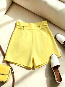 Rafferiza Quần short công sở thanh lịch mùa hè dành cho nữ, quần short đi làm, quần short đi nghỉ mát, quần short nữ màu vàng. - Màu vàng - Xem 2