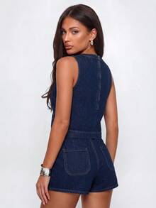 Avantive Women's Denim Set: Sleeveless Loose Top And Denim Shorts Set, Dark Blue Denim Two-Piece Set, Summer Casual Set. - Dark Wash - View 8