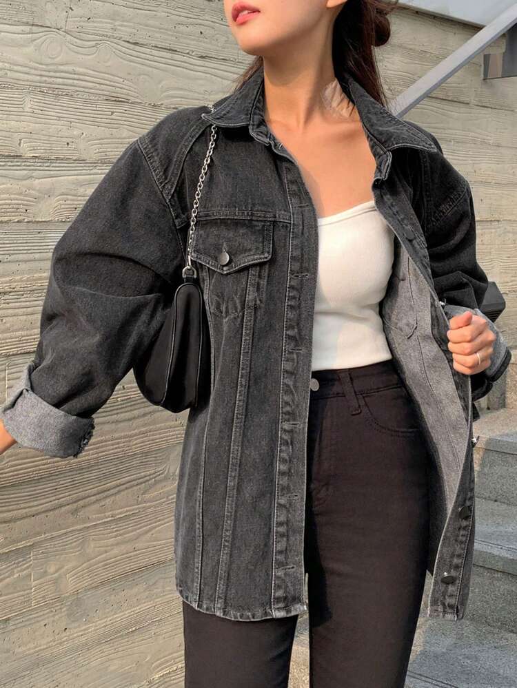 Women's Turndown Collar Washed Casual Long Sleeve Denim Blouse