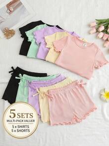 SHEIN Playful Pals 5件套女婴纹理荷叶边袖圆领T恤和蝴蝶结短裤，10件/包 - 彩色 - 查看 1