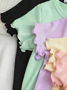 SHEIN Playful Pals 5件套女婴纹理荷叶边袖圆领T恤和蝴蝶结短裤，10件/包 - 彩色 - 查看 6