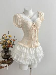 Elamini 女款夏季休閒度假風荷葉邊刺繡泡泡袖短版上衣 - 杏色 - 查看 3