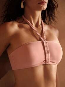 MOTF PREMIUM HANDCRAFTED BRAIDED ELEGANT SEXY HALTER NECK WOMEN BEACH PARTY SWIMWEAR BIKINI SET PINK SUMMER - Dusty Pink - View 1