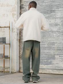BelSigned BelSigned DIYIE 男士单排扣口袋休闲抓绒外套，秋冬灰色男士外套，秋冬宽松纹理面料舒适家居服外套 - 白色 - 查看 3