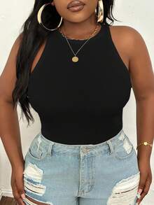 SHEIN PETITE CURVE 大码休闲修身白色露肩圆领吊带背心 - 黑色 - 查看 8