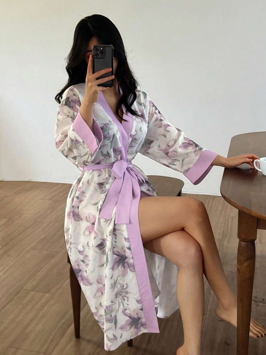 DAZY 女士优雅印花系带睡袍 - 白色 - 查看 1