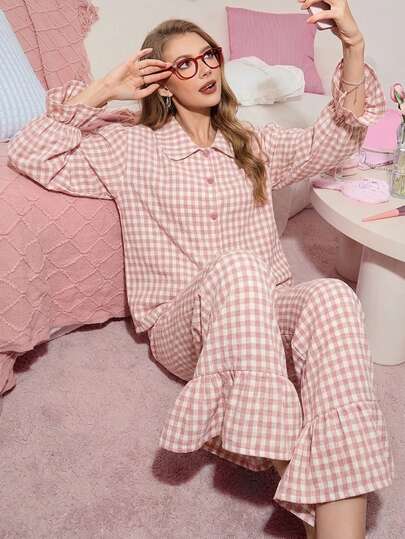 SweetSlumber Valentine's Day Peter Pan Collar Puff Sleeve Heart Button Plaid Print Oversized Women Pajama Set