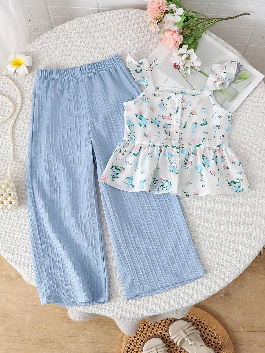SHEIN Vintaside Kids 两件套少女甜美公主风碎花吊带背心和阔腿裤套装,肩带/下摆双层蕾丝花边,面料柔软舒适,适合日常穿着、派对、生日庆祝、露营、返校等场合。 - 藍色 - 查看 1