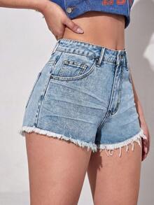 SHEIN EZwear Quần short denim trơn màu, gấu quần rách, túi xéo, kiểu dáng thường ngày. - Rửa nhẹ - Xem 4