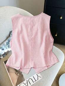 SHEIN LUNE 大尺碼女款粉色條紋V領單排扣棉質背心，夏季休閒校園開學辦公室針織無袖鈕扣開襟上衣 - 粉色 - 查看 2