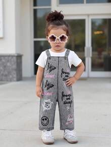 SHEIN Bộ áo liền quần cho bé gái chất liệu denim, in hình bướm, trái tim và chữ cái. - Xám - Xem 2