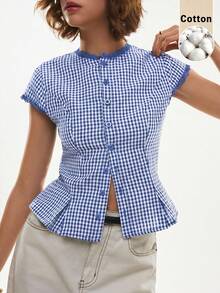 Blusa casual de mujer con estampado de cuadros y ribete de encaje, para verano - Azul y blanco - Ver 6