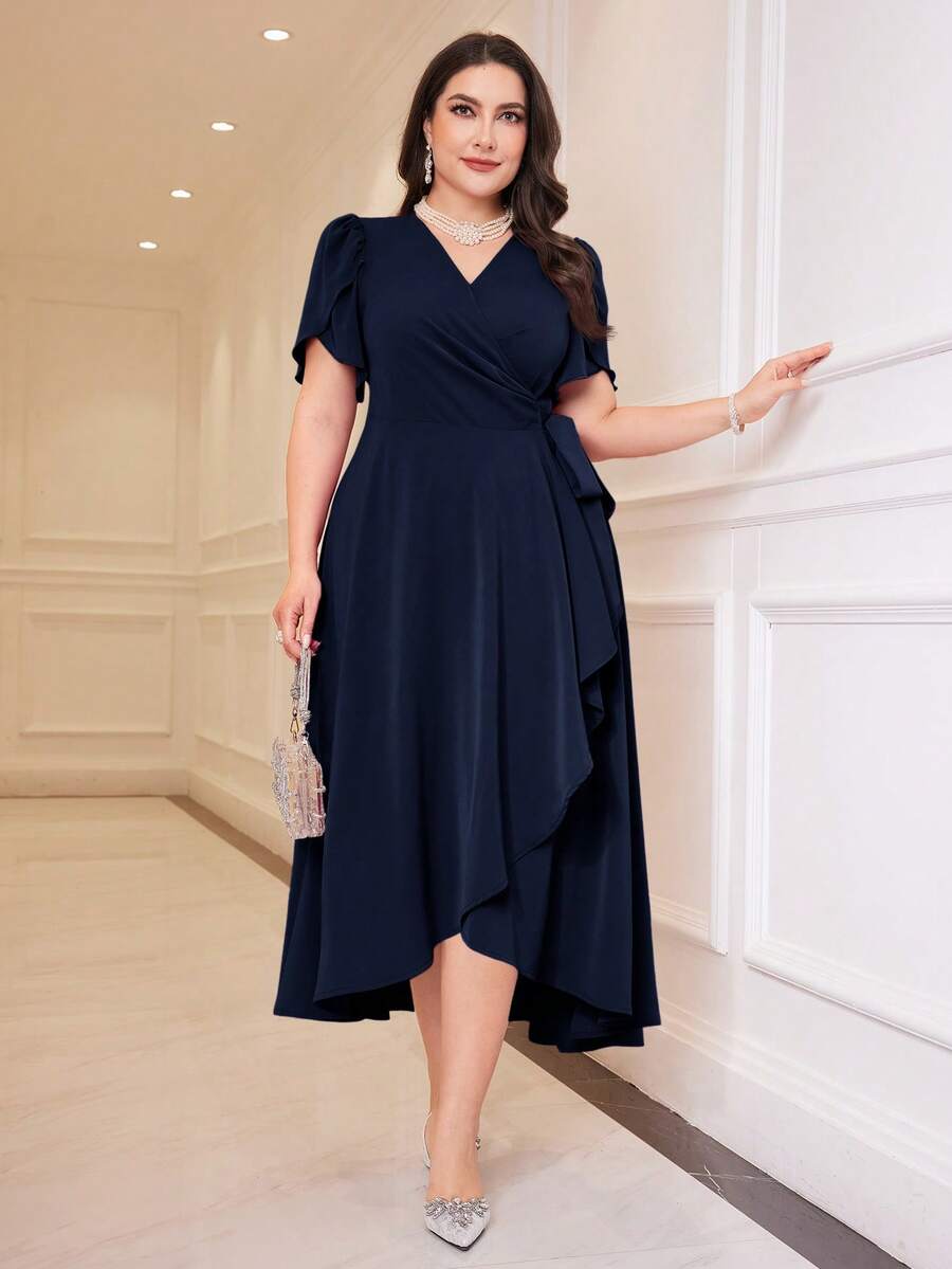 Modelyn Plus Size Women V-Neck Floral Petal Short Sleeve Side Knot Elegant Dress - Navy Blue - View 1