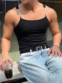 Manfinity Dauomo 男士仿珍珠性感时尚吊带背心 - 黑色 - 查看 5