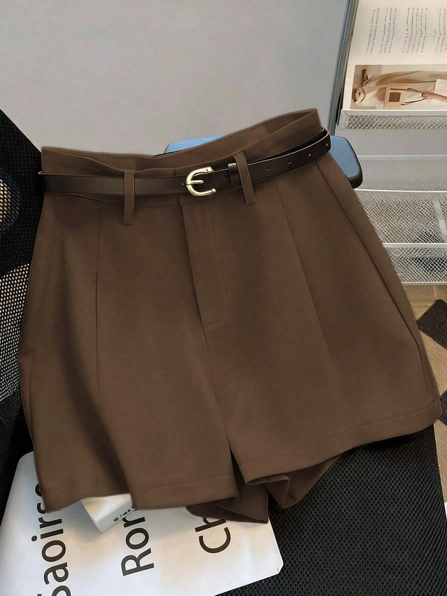 Franclia Casual & Commuting Fashion Versatile Mid-High Waist Belted Summer New Solid Color Khaki Shorts For Women - Chocolate Brown - View 1