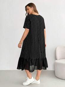 Shapeblank Đầm midi tay ngắn bằng chiffon chấm bi đen dành cho nữ cỡ lớn, thời trang thường ngày, thoải mái, thoáng mát, đa năng, tôn dáng, thích hợp mặc hàng ngày, có túi, kiểu dáng đơn giản, trang phục đi nghỉ mát, mùa hè châu Âu, đầm chấm bi. - Đen và trắng - Xem 2