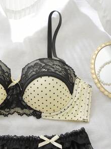 DelicateAllure Polka Dot Mesh Patchwork Lace Lingerie Set - Yellow - View 6
