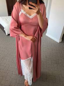 Livesso Women's Solid Color Long Sleeve Robe And Contrast Lace Camisole Dress Elegant Sleepwear Set Pajamas - Pink - View 7