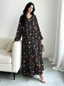 SHEIN Najma 黑色碎花连衣裙，女士时尚V领长袖连衣裙，优雅阿拉伯风格服装，春夏优雅长款连衣裙 - 彩色 - 查看 3