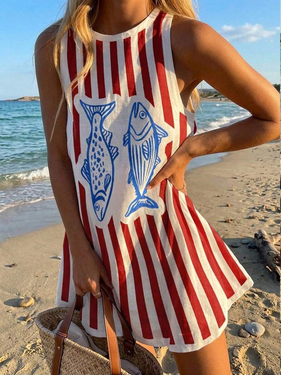 Veykashi Vacation Style Contrast Color Red & White Striped Pattern Women Casual Minimalist Retro Striped Fish Hem Mini Dress, Suitable For Summer
