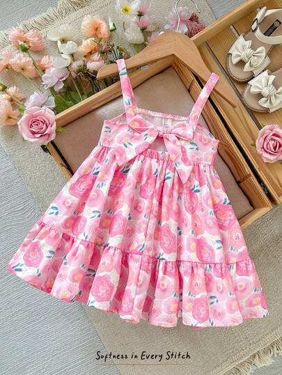 Cozy Pixies Toddler Girl Summer Cute Floral Print Bowknot Decor Spaghetti Strap Dress, Suitable For Vacation, Travel, Outing, Beach, Seaside And Any Occasion