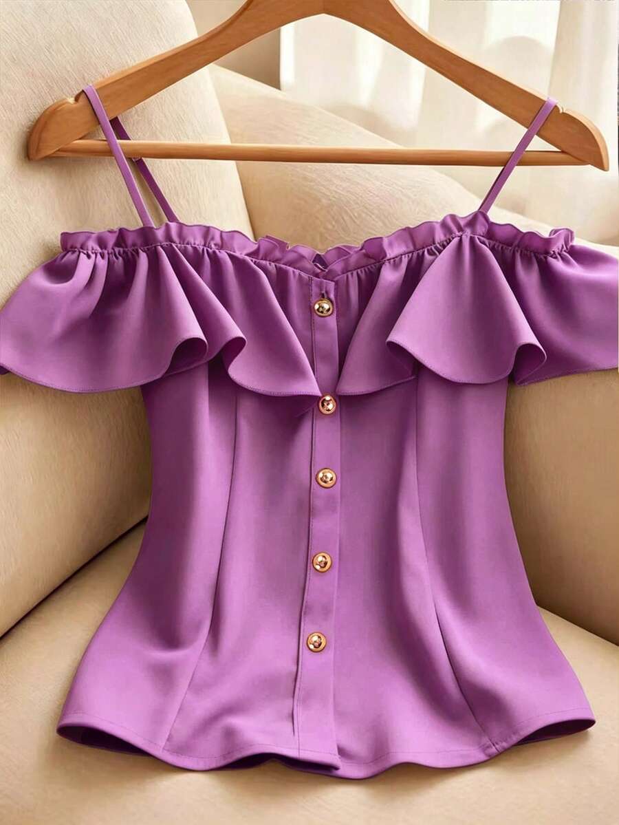SHEIN 女士纯色简约休闲衬衫 - 紫色 - 查看 1