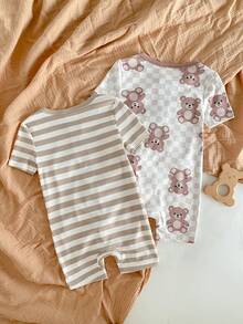 Baby Boys' 2pcs/Set Snug Fit Pajamas,Summer White Cute Graphic Bear Romper,Soft Fabric Loungewear For Family Matching Holiday Healthy Growth - Apricot - View 3