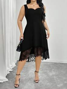 SHEIN Elenzya Vestido casual holgado sin mangas con dobladillo de encaje en contraste para mujer de talla grande, adecuado para fiesta, trabajo y ocio - Negro - Ver 1