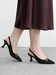 CUCCOO BIZCHIC 女士春夏金属扣尖头高跟绒面革后跟带纯色高跟鞋，适合日常通勤、约会等场合，百搭时尚 - 黑色a - 查看 4