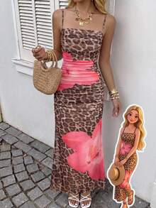 SHEIN Kids & Teen Girls' Spring/Summer Casual Vacation Knit Leopard & Hibiscus Floral Print Spaghetti Strap Backless Net Fabric Ruched Cami Dress - Multicolor - View 3