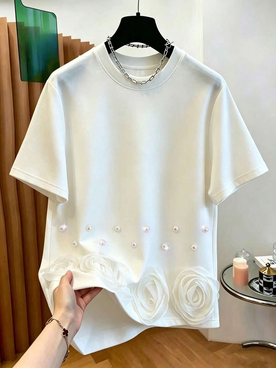GlowEve 女士圆领短袖休闲T恤,饰有3D立体花卉图案 - 白色 - 查看 1