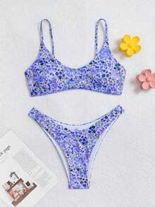 Swim Mod Set de 2 piezas de bikini con estampado floral colorido y aleatorio, lindo para el verano y las vacaciones en la playa - Multicolor - Ver 3