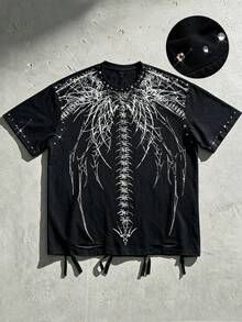 ROMWE MEN Street Life Áo thun nam tay ngắn phong cách punk nghệ thuật, đính đá lấp lánh, kiểu dáng thường ngày - màu đen - Xem 7