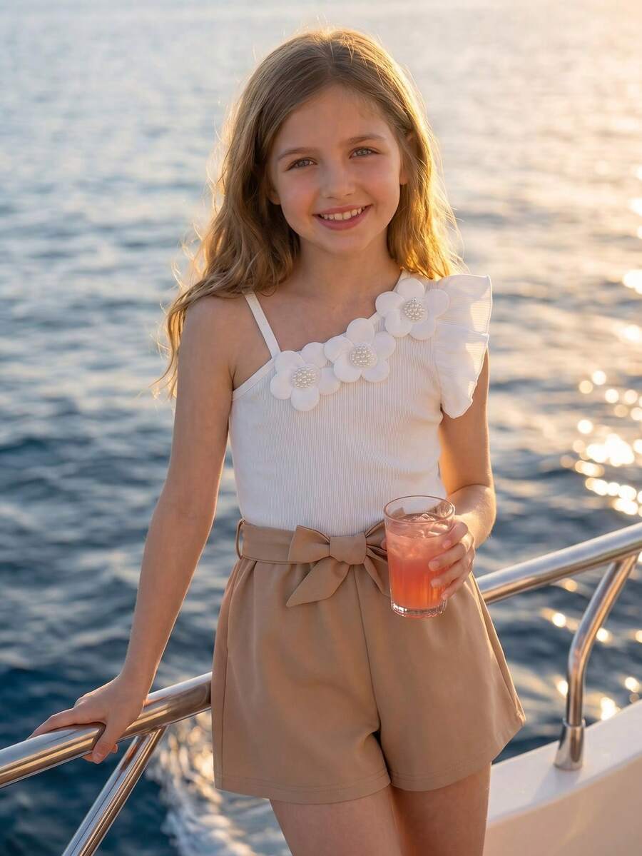 这款适合少女的单件休闲连体裤,采用白色和卡其色撞色设计,配有吊带、荷叶边、花朵饰边和腰带。简约时尚,百搭实用,适合日常穿着、旅行、外出以及各种休闲场合,兼具舒适性和时尚感。 - 彩色 - 查看 1