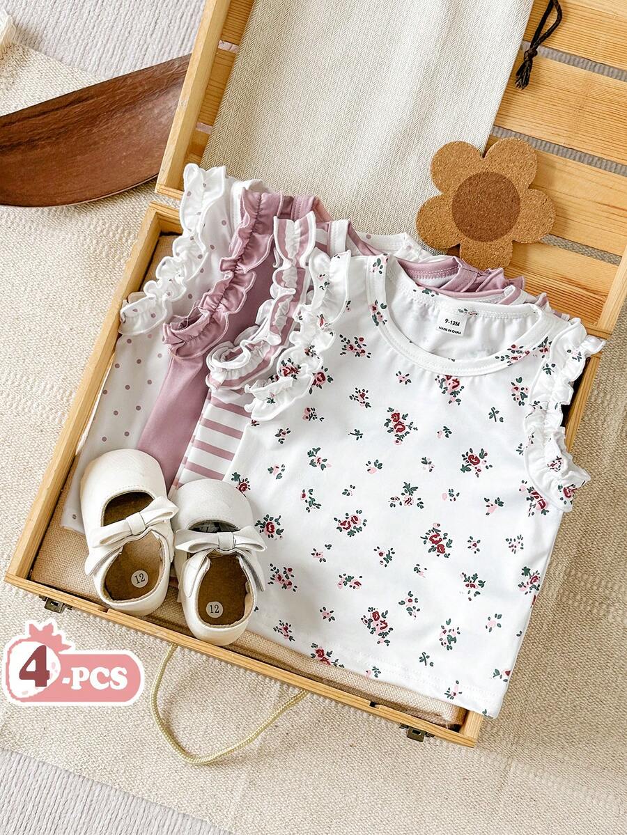 SHEIN Vintaside Kids 3 Stück/Set Baby Mädchen Sommer Casual Süß Bequem Elastisch Tops Einfarbig Rosa Apricot Gestreift Rüschen Ärmel Weste Weiß Blumen Familie Passend - Pink - Übersicht 1