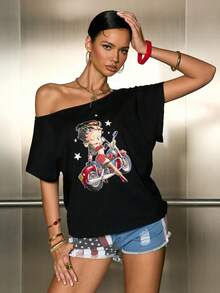 Betty Boop x SHEIN Damen Casual Cartoon Muster asymmetrisches Schulter vielseitig Alltags T-Shirt - Schwarz - Übersicht 3