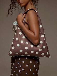 MUSERA Bolso de tela con estampado de lunares, accesorio lindo para ir a la playa, salir, diario, primavera y vacaciones de verano - Marrón - Ver 3