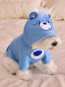SHEIN X Care Bears 1件可爱卡通图案印花宠物连帽卫衣，猫咪服装，狗狗服装，尺码 XXS-XXXXL，分享熊，加油熊 - 藍色 - 查看 2