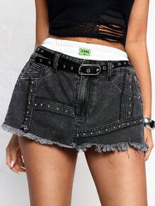 ROMWE Avant Low Waist Double Waistband Metal Decor Sexy Women Denim Mini Skirt - Multicolor - View 1