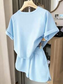 1 Set Tween Girls Casual Comfortable Fashion Minimalist Cute Heart Pattern Raglan Sleeve Top And Shorts Set, Suitable For Summer Outfits - Blue - View 2