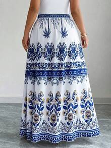 Celure Plus Size Women's Elegant Vintage Printed A-Line Skirt, Spring/Summer Brunch Vacation White - Blue and White - View 2
