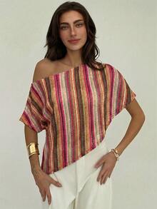Aloruh Women's Vacation Striped Asymmetric Neck Batwing Sleeve Top - Multicolor - View 8